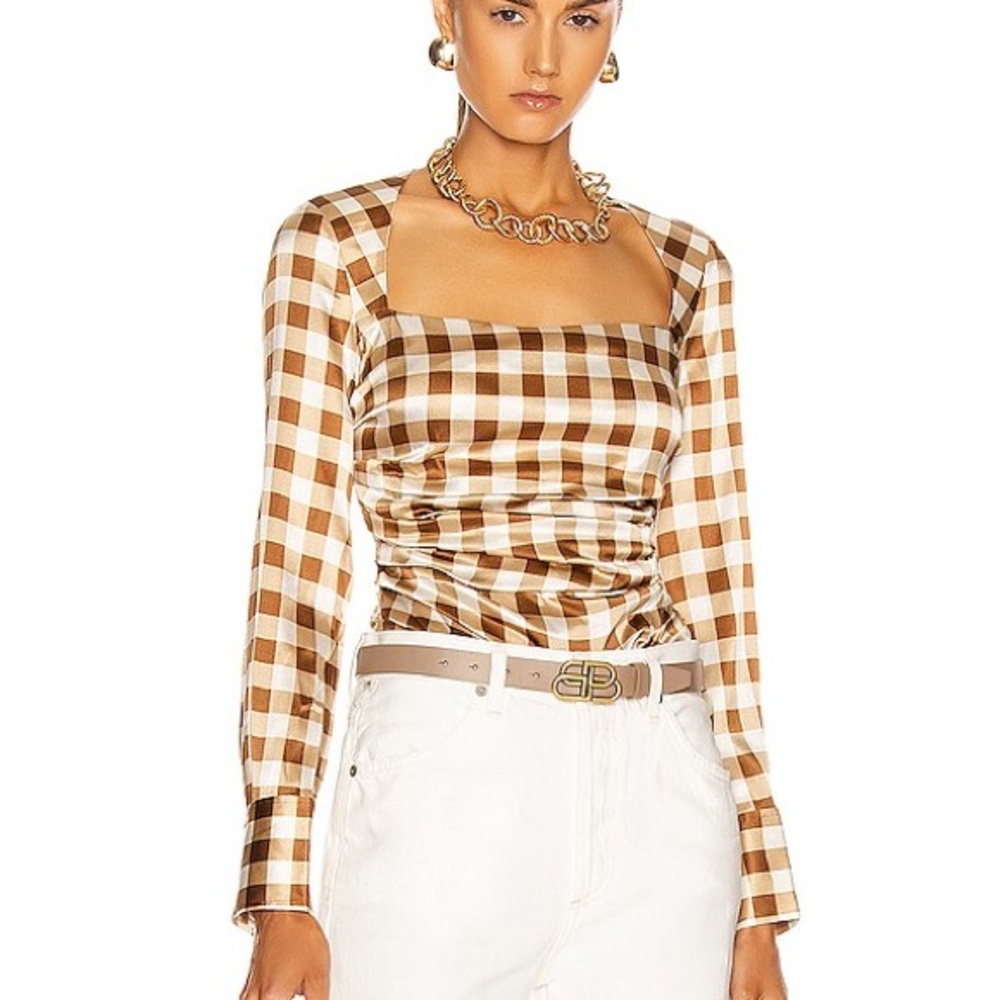 GANNI Brown Silk Check Draped Blouse Size small